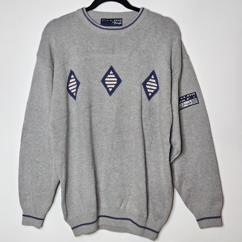 Faldo by Pringle Vintage Golf‎ Sweater Mens Medium Gray Blue Diamond Knitwear